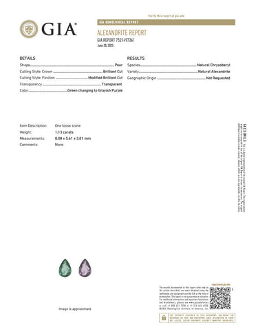 1.13ct natural pear-shaped alexandrite gemstone with GIA certification